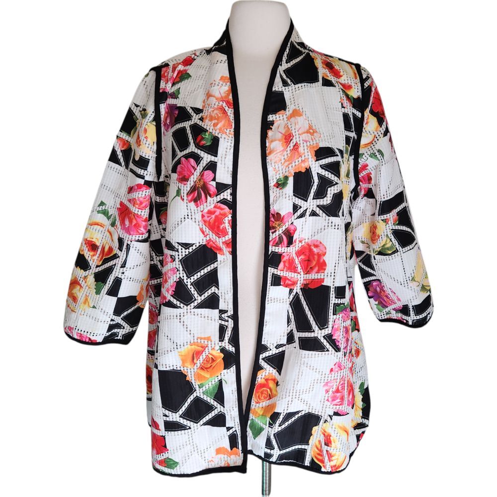 IC by Connie K Jacket Size L Floral‎ Print Patchwork Button Mesh Wearable Artsy
